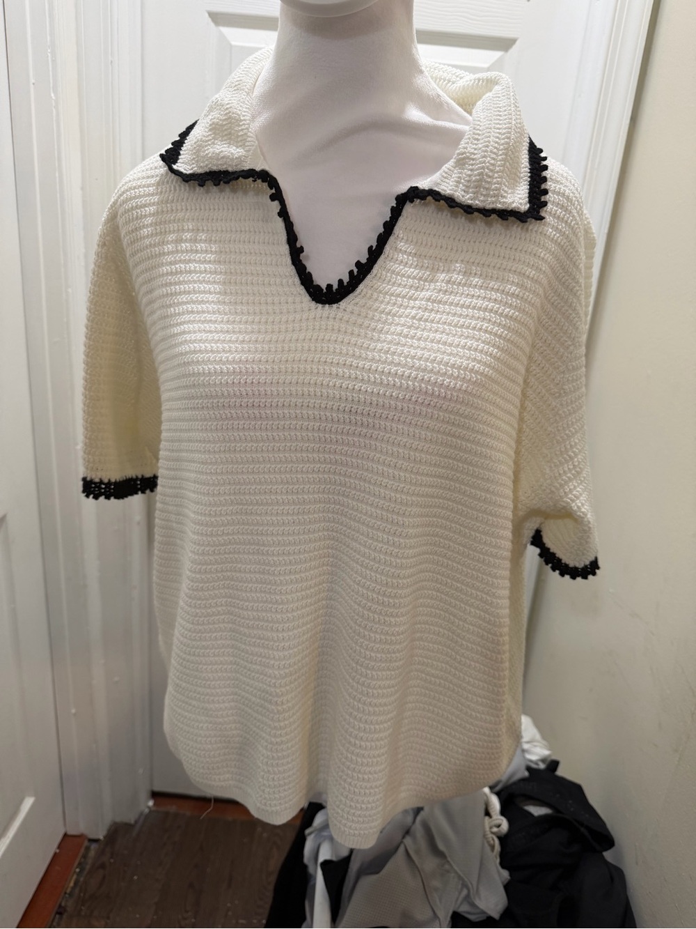 Parker Cream Knit Polo Blouse with Black Trim